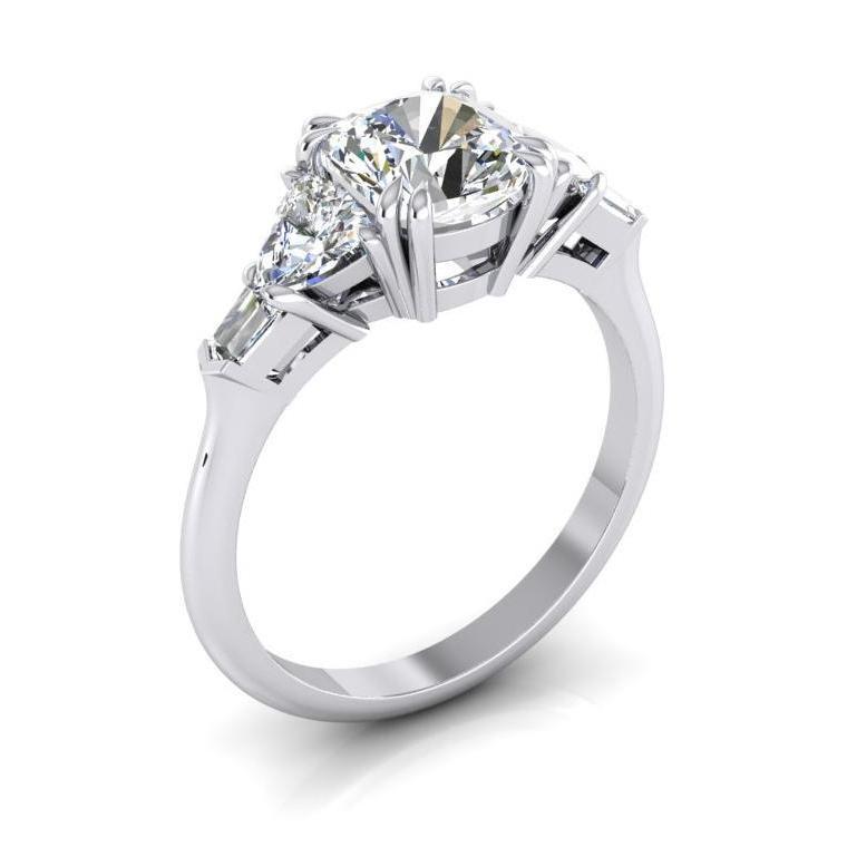 Anello Di Fidanzamento Con Naturale Diamante A Cuscino. 3 Carati. Taglio Trilioni. Oro Bianco 14K