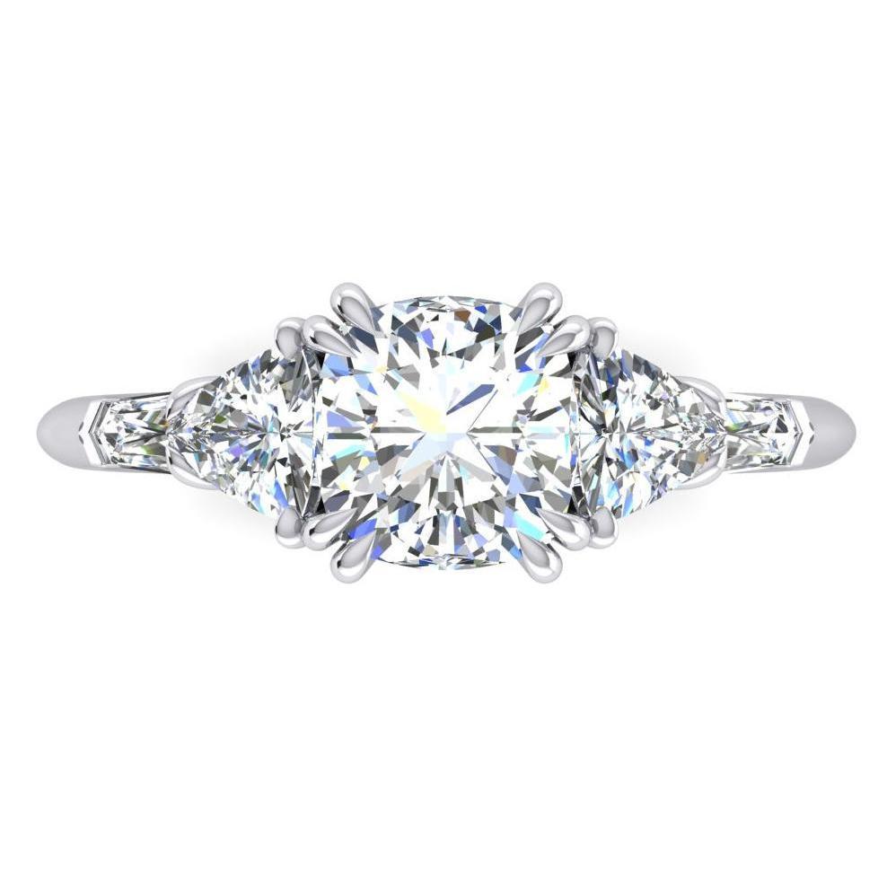Anello Di Fidanzamento Con Naturale Diamante A Cuscino. 3 Carati. Taglio Trilioni. Oro Bianco 14K