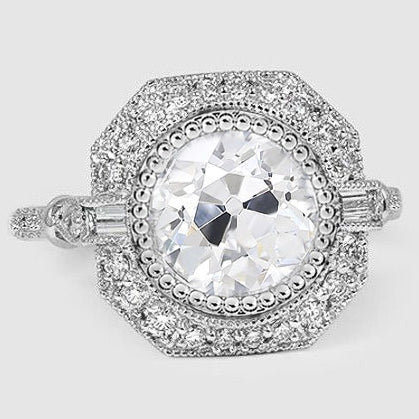 Anello Halo Baguette E Naturale Diamanti Rotondi Taglio Vecchia Miniera 3.75 Carati Milgrain