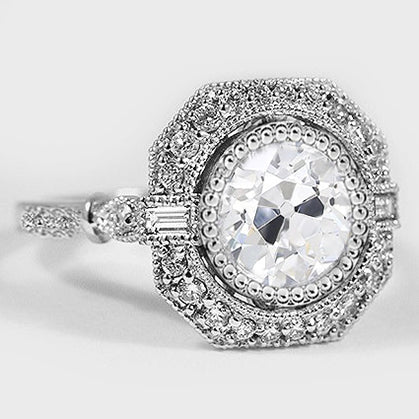 Anello Halo Baguette E Naturale Diamanti Rotondi Taglio Vecchia Miniera 3.75 Carati Milgrain