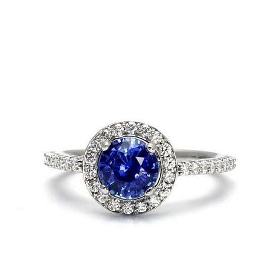 Anello Halo Round Zaffiro Ceylon Diamante Oro Bianco 14K