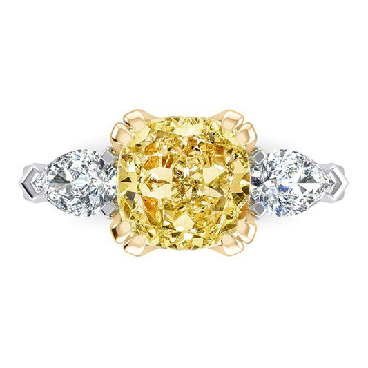 Anello Vero Giallo Canarino Cuscino E Pera Diamanti Naturali Estratti Dalla Terra Oro 14K