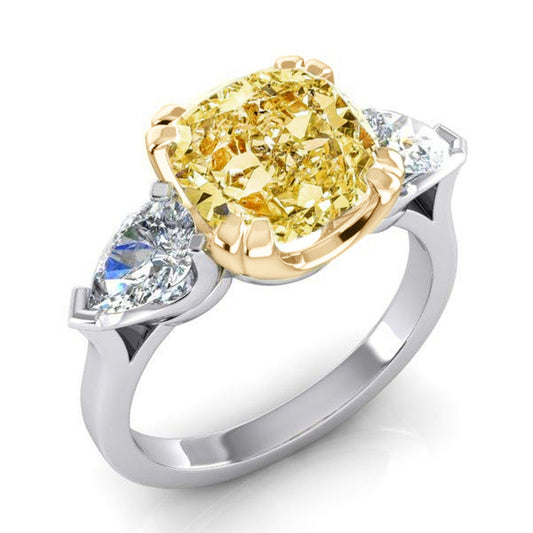 Anello Vero Giallo Canarino Cuscino E Pera Diamanti Naturali Estratti Dalla Terra Oro 14K