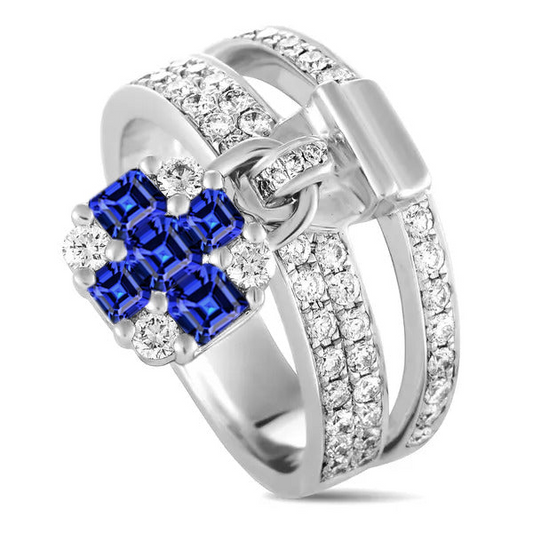Anello Zaffiro Asscher Con Diamante Tondo Stile Serratura Gambo Diviso