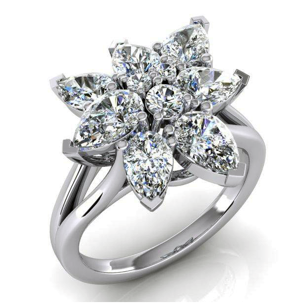 Anello a Grappolo con Diamante Taglio A Pera 3 ct Oro 14K Gioielli Per Donna
