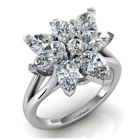 Anello a Grappolo con Diamante Taglio A Pera 3 ct Oro 14K Gioielli Per Donna