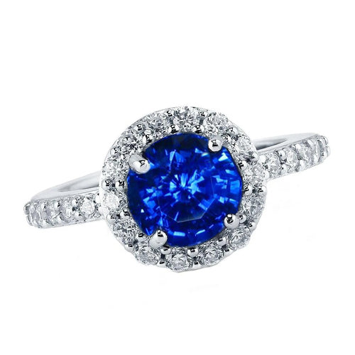 Anello con Diamante Halo Zaffiro Sri Lanka Rotondo Taglio Oro Bianco 14K