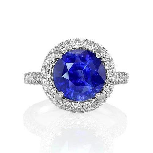 Anello con Zaffiro Blu Sri Lanka E Diamante Rotondo Taglio Oro Bianco 14K