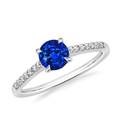 Anello con Zaffiro dello Sri Lanka Rotondo Gioielli Con Diamanti Oro Bianco 14K