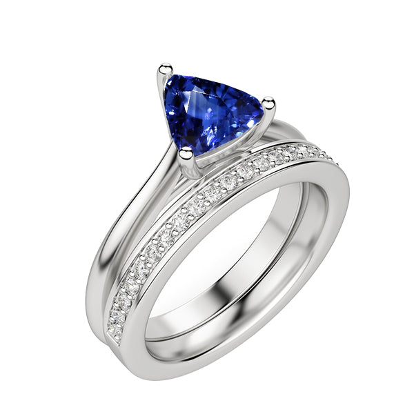 Anello di Fidanzamento Con Diamante Incastonato Zaffiro Ceylon Trilioni Oro Bianco 14K