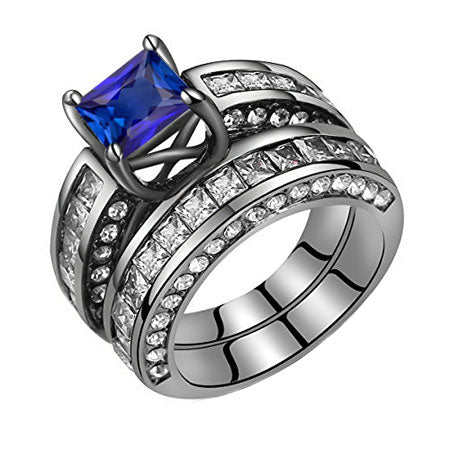 Anello di Fidanzamento Oro Nero Principessa Diamanti E Zaffiro Blu Set 