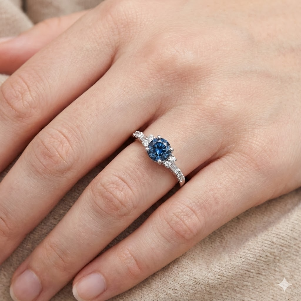 Anello di fidanzamento in oro bianco con diamanti bianchi blu da 1 carato