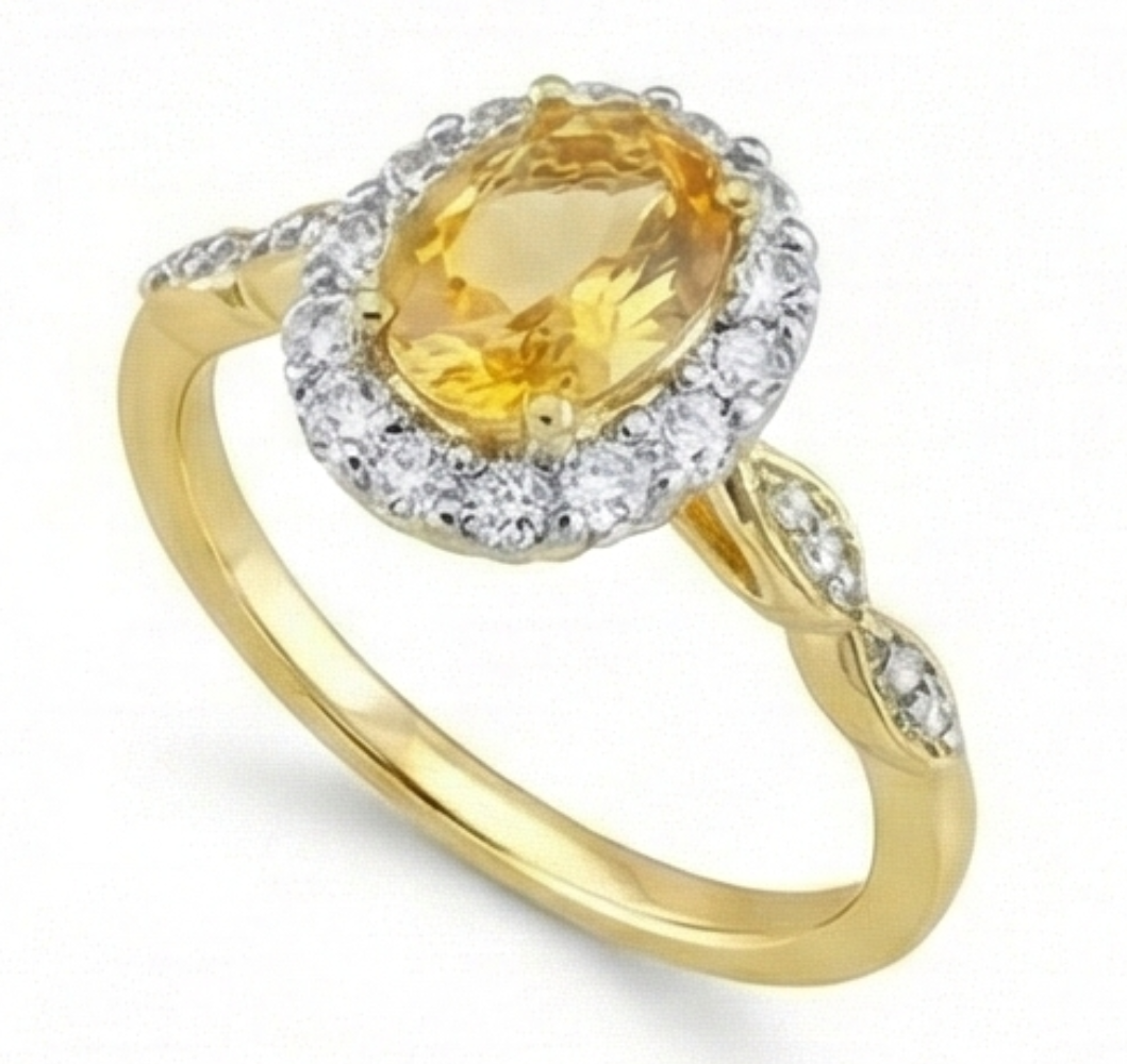 Anello nuziale in oro giallo con citrino e diamanti taglio ovale da 14.75 carati