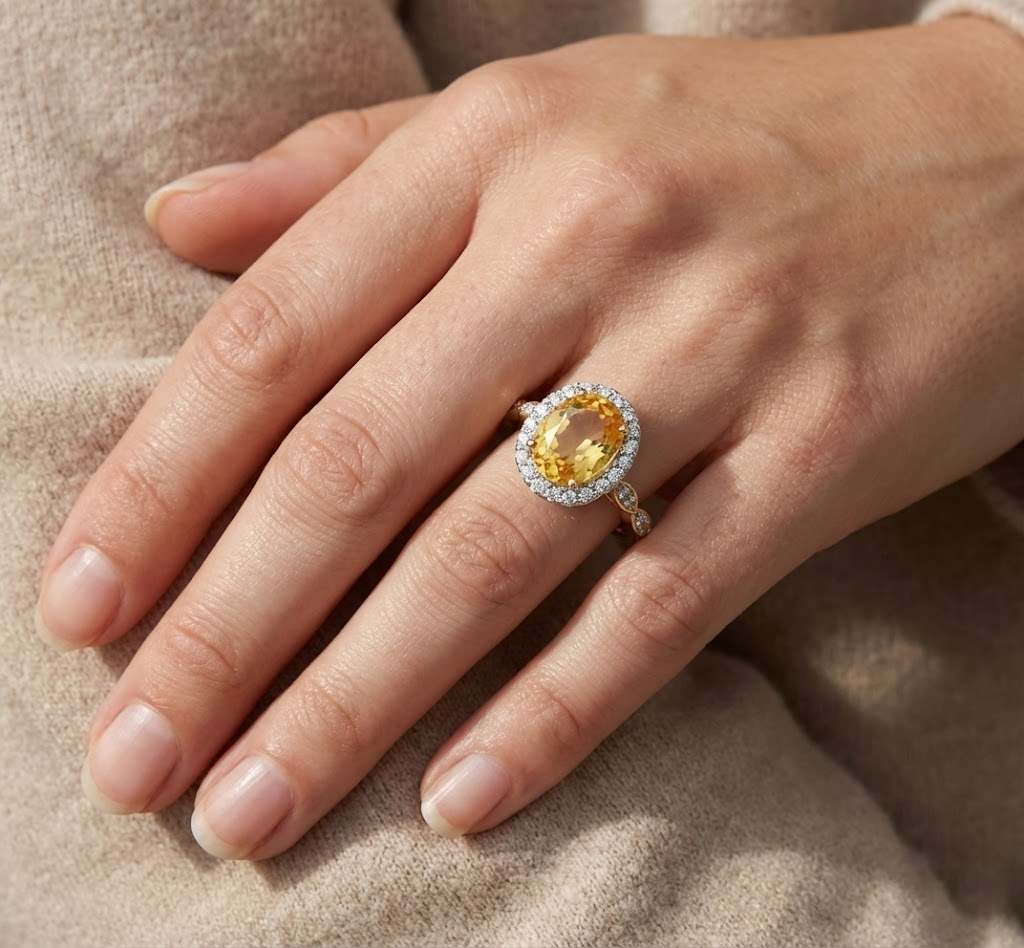 Anello nuziale in oro giallo con citrino e diamanti taglio ovale da 14.75 carati