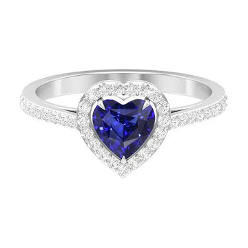 Anello a cuore con zaffiro blu Halo e pavé di diamanti da 2,50 carati con oro bianco 14K