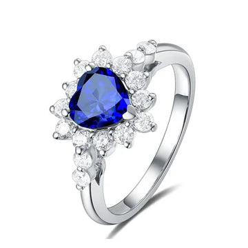Anello a forma di stella con cuore in zaffiro blu da 3 carati e diamante in oro bianco 14K