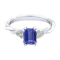 Anello con 2 carati di diamanti a corda intrecciata con zaffiro blu in oro bianco 14K