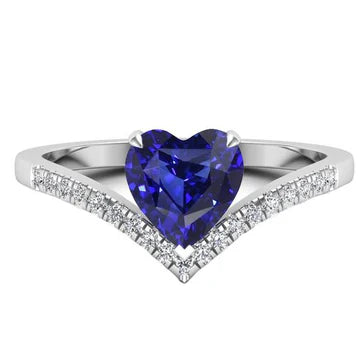 Anello con 3 carati di pietra preziosa zaffiro blu con taglio a cuore in oro bianco 14K