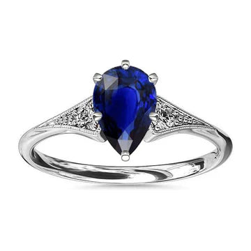 Anello con 3 pietre. pera zaffiro di Ceylon da 1,75 carati e diamanti in oro bianco 14K