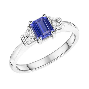 Anello con 3 pietre di zaffiro blu smeraldo e diamanti trapezoidali da 1,50 carati con Oro Bianco 14K