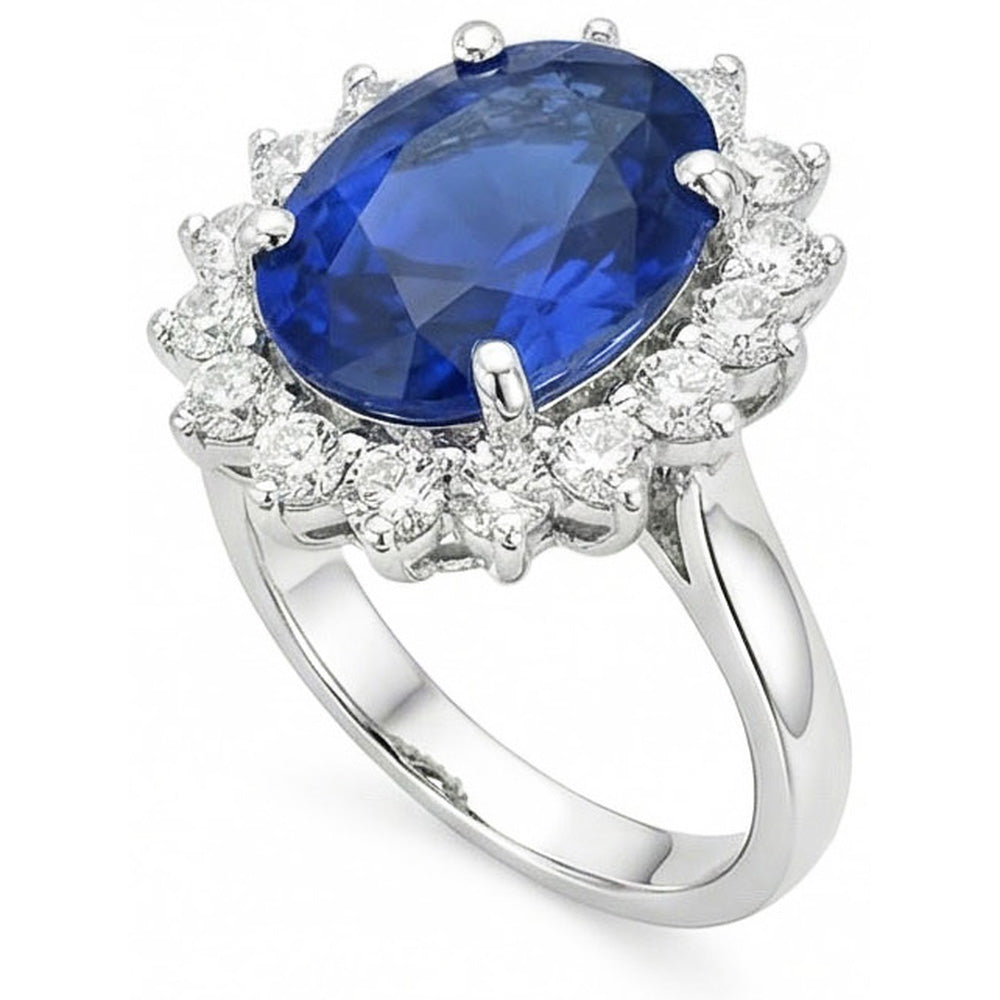 Anello con Zaffiro Ceylon Taglio Ovale E Rotondo, 8 Carati, Diamanti Naturali Autentici ( non creati in laboratorio ) WG 14K