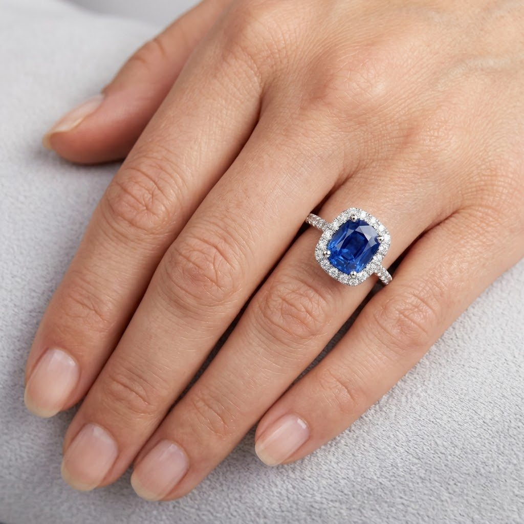 Anello con Zaffiro Cuscino Ceylon 3 carati e gioielli con diamanti in oro bianco 14K