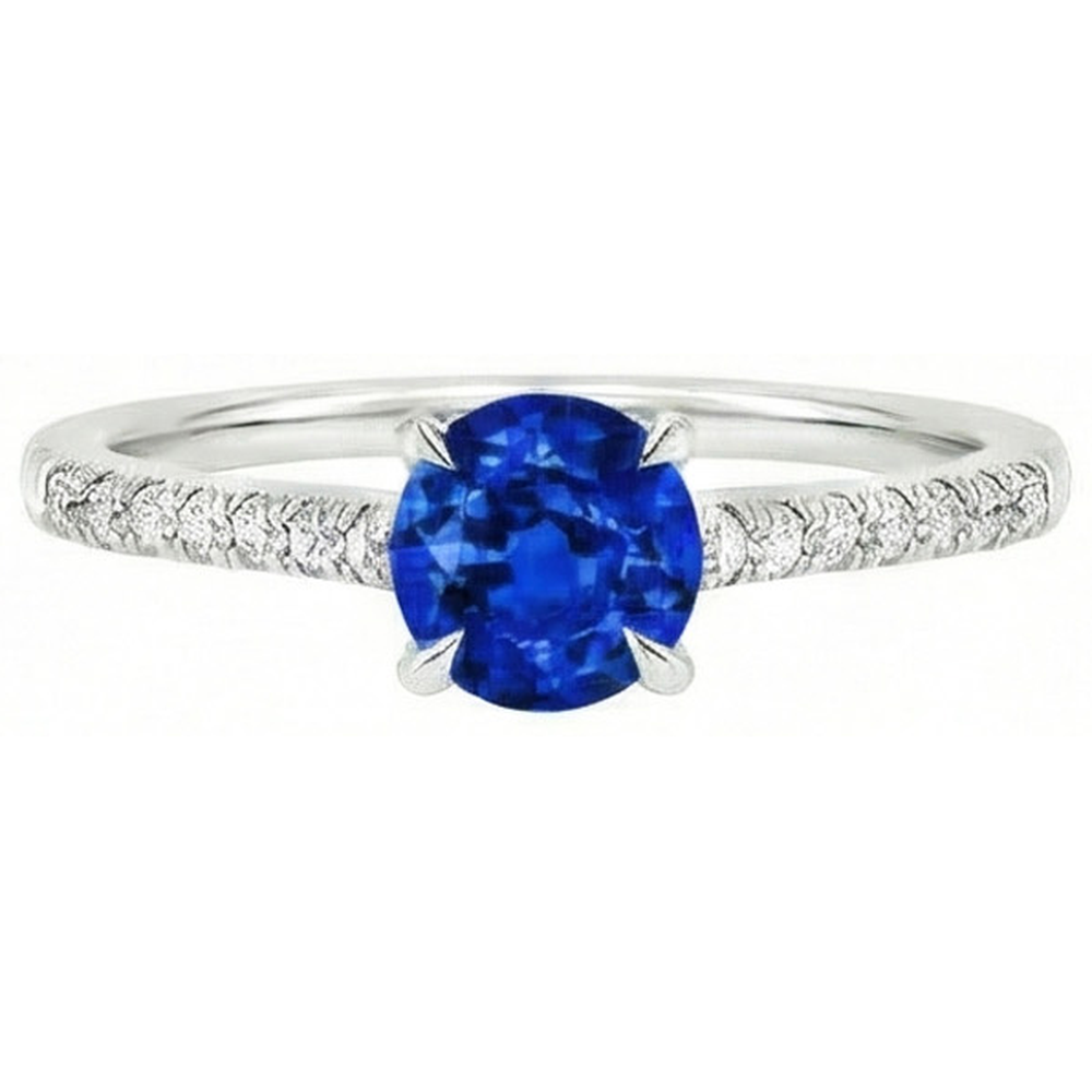 Anello con Zaffiro dello Sri Lanka Rotondo Gioielli Con Diamanti Naturali Autentici ( non creati in laboratorio ) Oro Bianco 14K