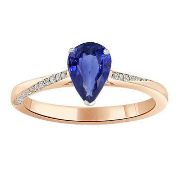 Anello con Zaffiro di Ceylon a forma di pera da 2,50 carati e diamante in oro 14K