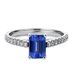 Anello con accenti di diamanti con zaffiro blu smeraldo da 2,50 carati in oro bianco 14K