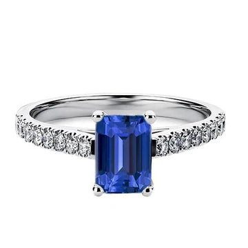 Anello con accenti di diamanti con zaffiro blu smeraldo da 2,50 carati in oro bianco 14K