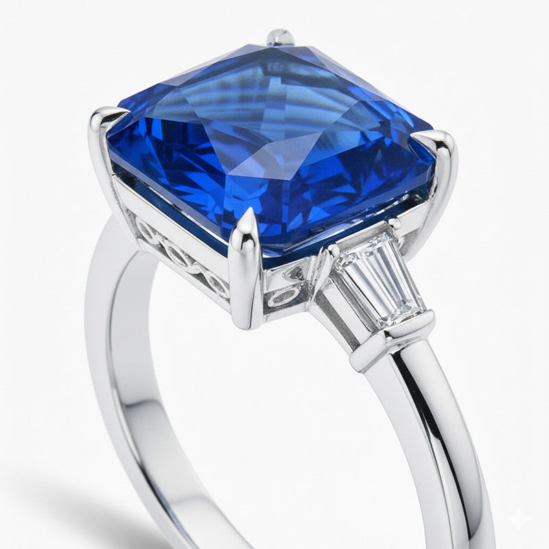 Anello con diamante artigli d'aquila incastonato con zaffiro blu radiante oro 7 carati 14K