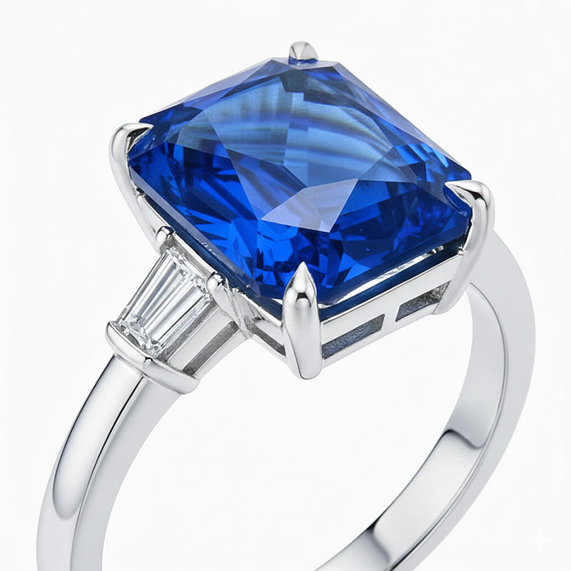 Anello con diamante artigli d'aquila incastonato con zaffiro blu radiante oro 7 carati 14K