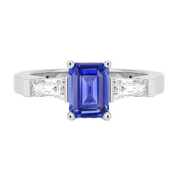 Anello con diamanti blu zaffiro taglio smeraldo 1,75 carati 3 pietre baguette in oro bianco 14k