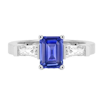 Anello con diamanti blu zaffiro taglio smeraldo 1,75 carati 3 pietre baguette in oro bianco 14k