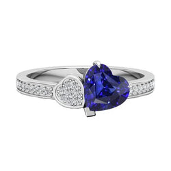 Anello con diamanti cuore zaffiro blu da 2,50 carati in oro bianco 14K