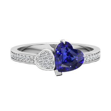 Anello con diamanti cuore zaffiro blu da 2,50 carati in oro bianco 14K