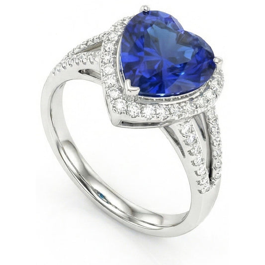 Anello con diamanti da 4,60 carati e zaffiro blu di Ceylon in oro bianco 14K