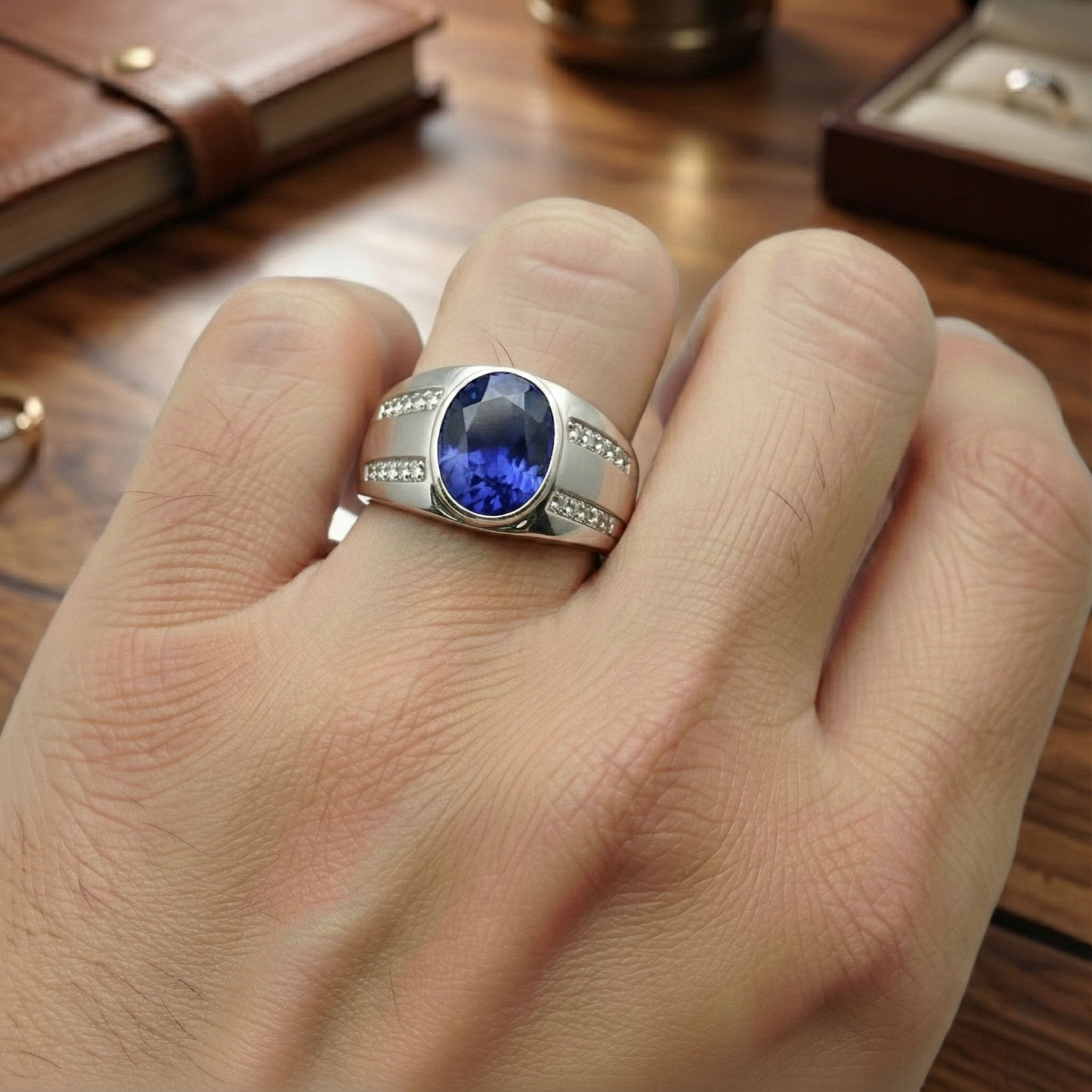 Anello con diamanti da uomo con zaffiro blu ovale in stile vintage con pietre preziose zingaresche
