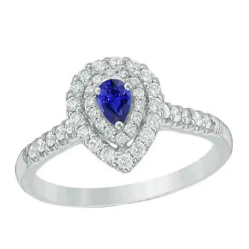 Anello con doppio anello in zaffiro pera dello Sri Lanka e diamanti 3 carati con Oro Bianco 14K