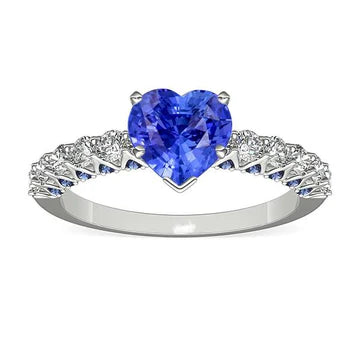 Anello con gemma Cuore 2,50 carati Zaffiri blu e diamanti tondi in oro bianco 14K