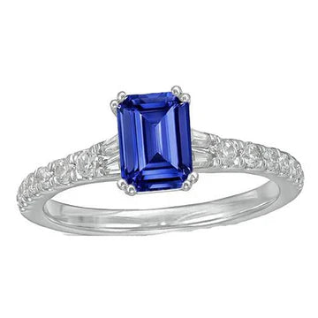 Anello con gemme di zaffiro blu baguette da 3,50 carati e accenti rotondi in oro bianco 14K