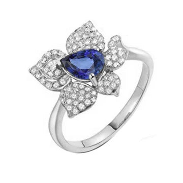 Anello con pietra preziosa di zaffiro blu e diamanti a forma di fiore da 2,50 carati con oro bianco 14K