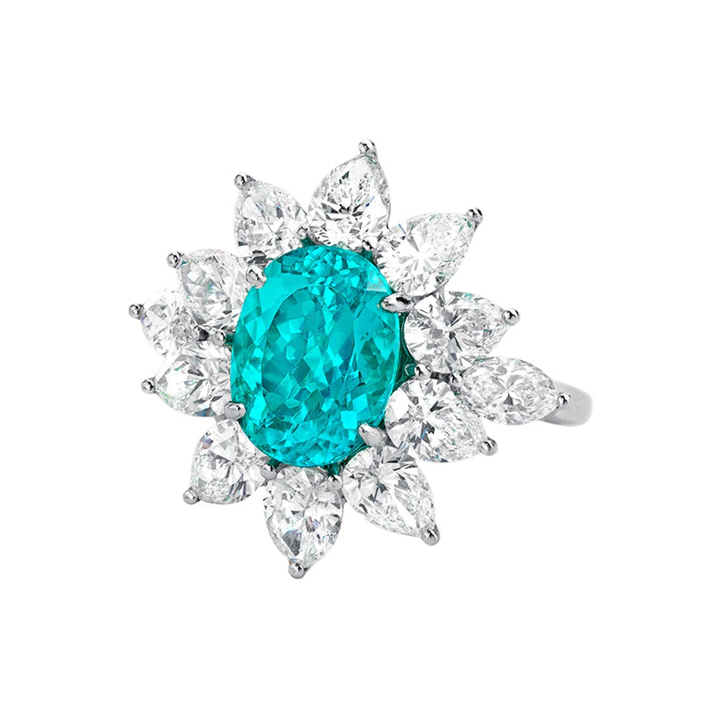 Anello con tormalina Paraiba da 5 ct e alone a pera