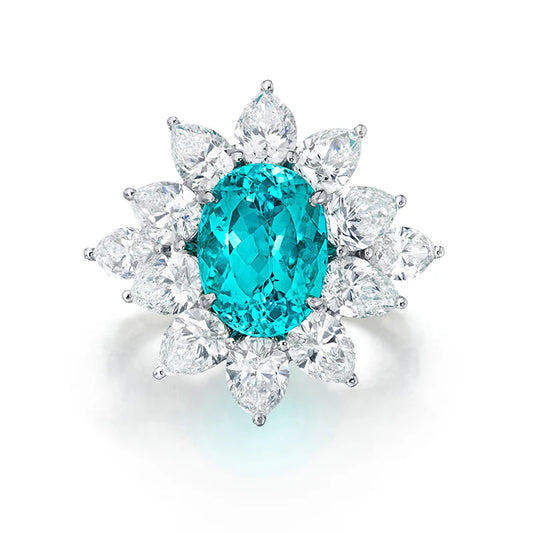 Anello con tormalina Paraiba da 5 ct e alone a pera