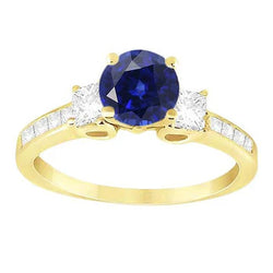 Anello con zaffiri blu princess tondi da 3,50 carati diamanti tondi in oro bianco 14K