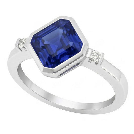 Anello con zaffiro Asscher 2,75 carati lunetta con 3 pietre e barretta in oro bianco 14K