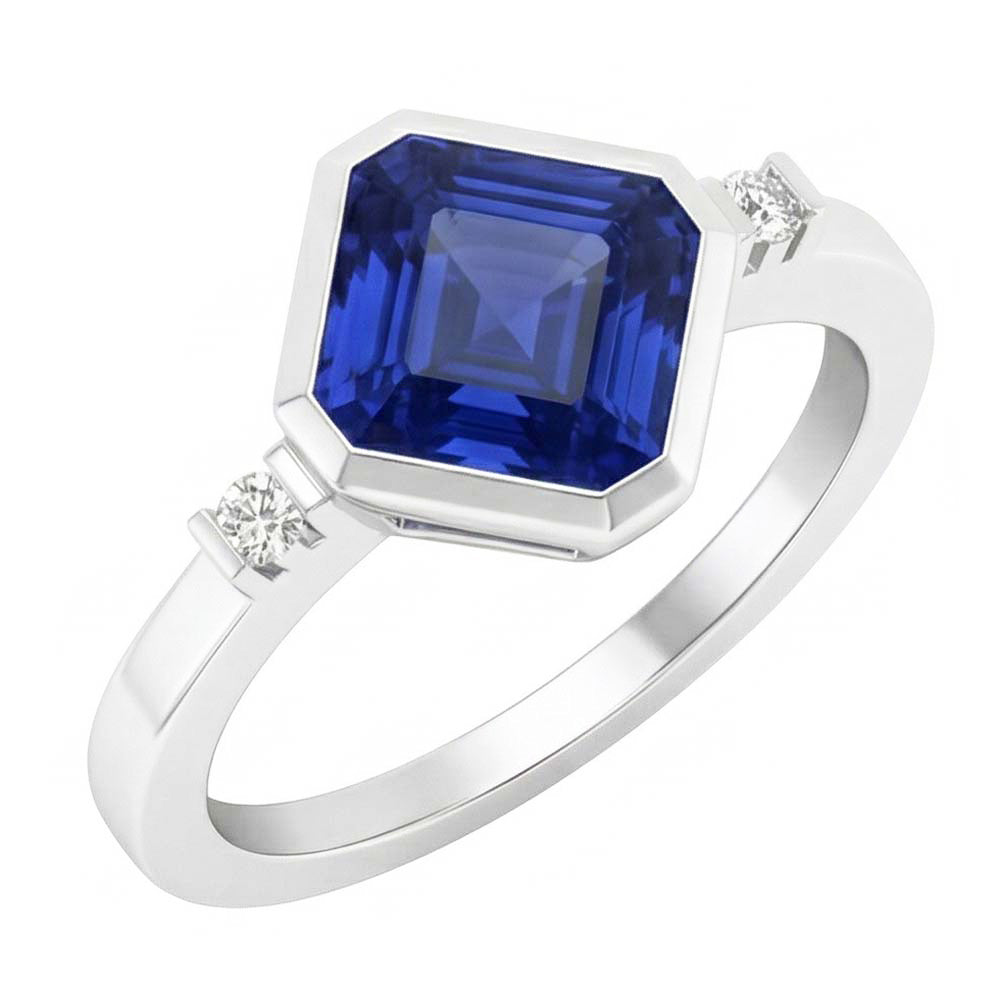 Anello con zaffiro Asscher 2,75 carati lunetta con 3 pietre e barretta in oro bianco 14K