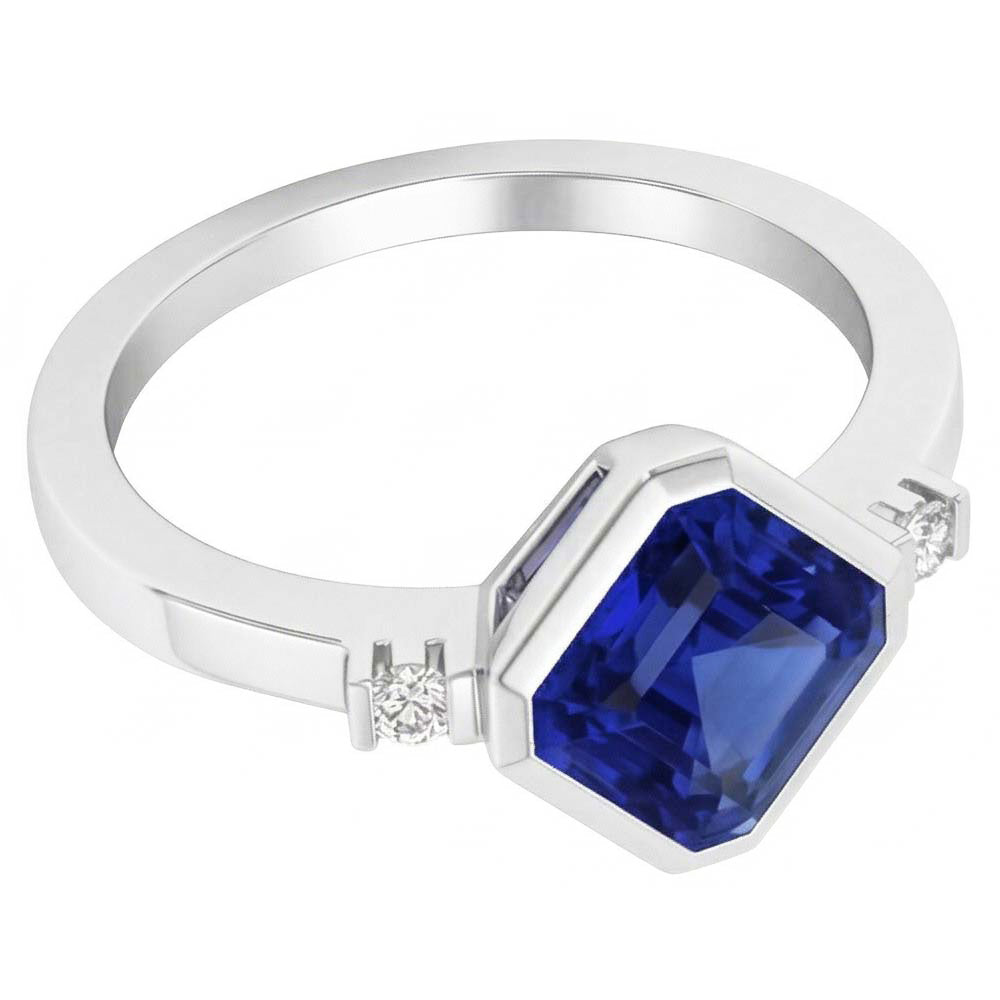 Anello con zaffiro Asscher 2,75 carati lunetta con 3 pietre e barretta in oro bianco 14K