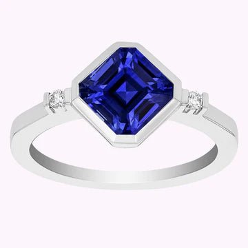 Anello con zaffiro Asscher 2,75 carati lunetta con 3 pietre e barretta in oro bianco 14K