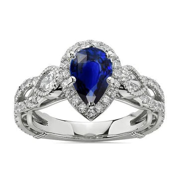 Anello con zaffiro blu 4 carati e diamanti in oro bianco 14K